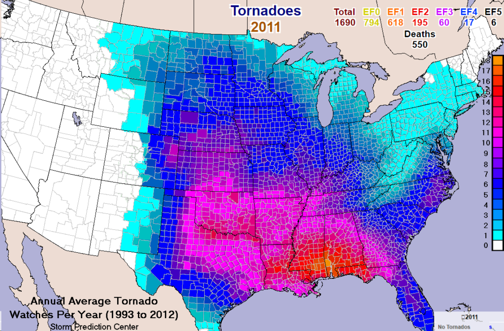 US map showing tornado watch frequency