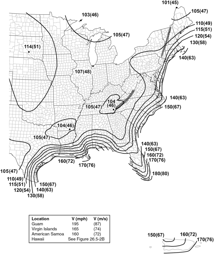 US map with IBC wind figures