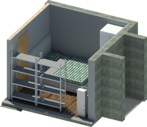 3d model of a master bedroom in a bunker
